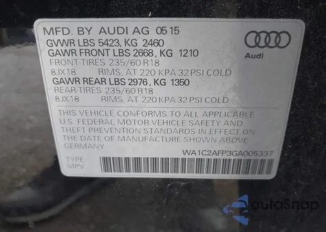 2016 Audi Q5 2.0T Premium z USA, uszkodzony, nr VIN WA1C2AFP3GA005337